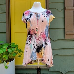 Boho Bloom Accordion Tunic – Pastel Floral Tassel Tie Free Size Fit